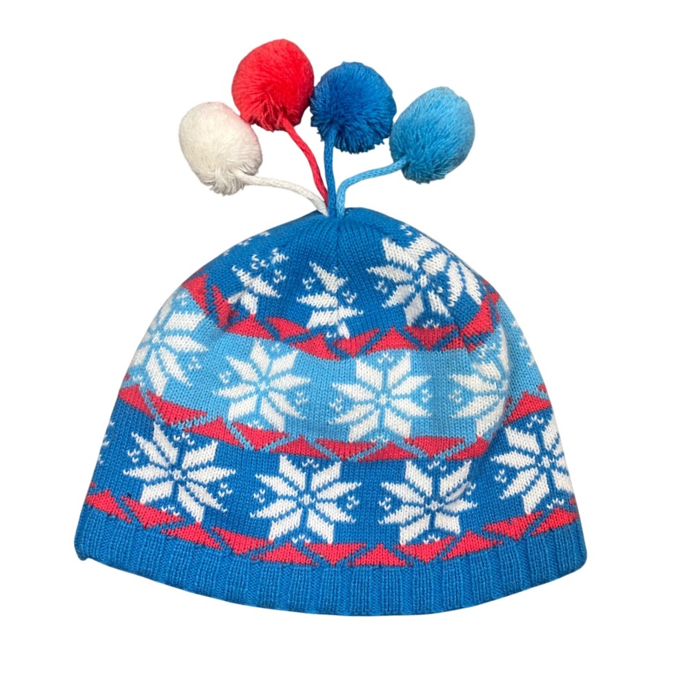 LL Bean Kids Blue Fair Isle Snowflake Fleece Lined Pom Pom Beanie Hat Large